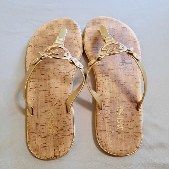 Michael Kors Womens Jet Set Jelly Flip Flop Gold-Tone Logo Size 8 Cork Footbed - Picture 3 of 7